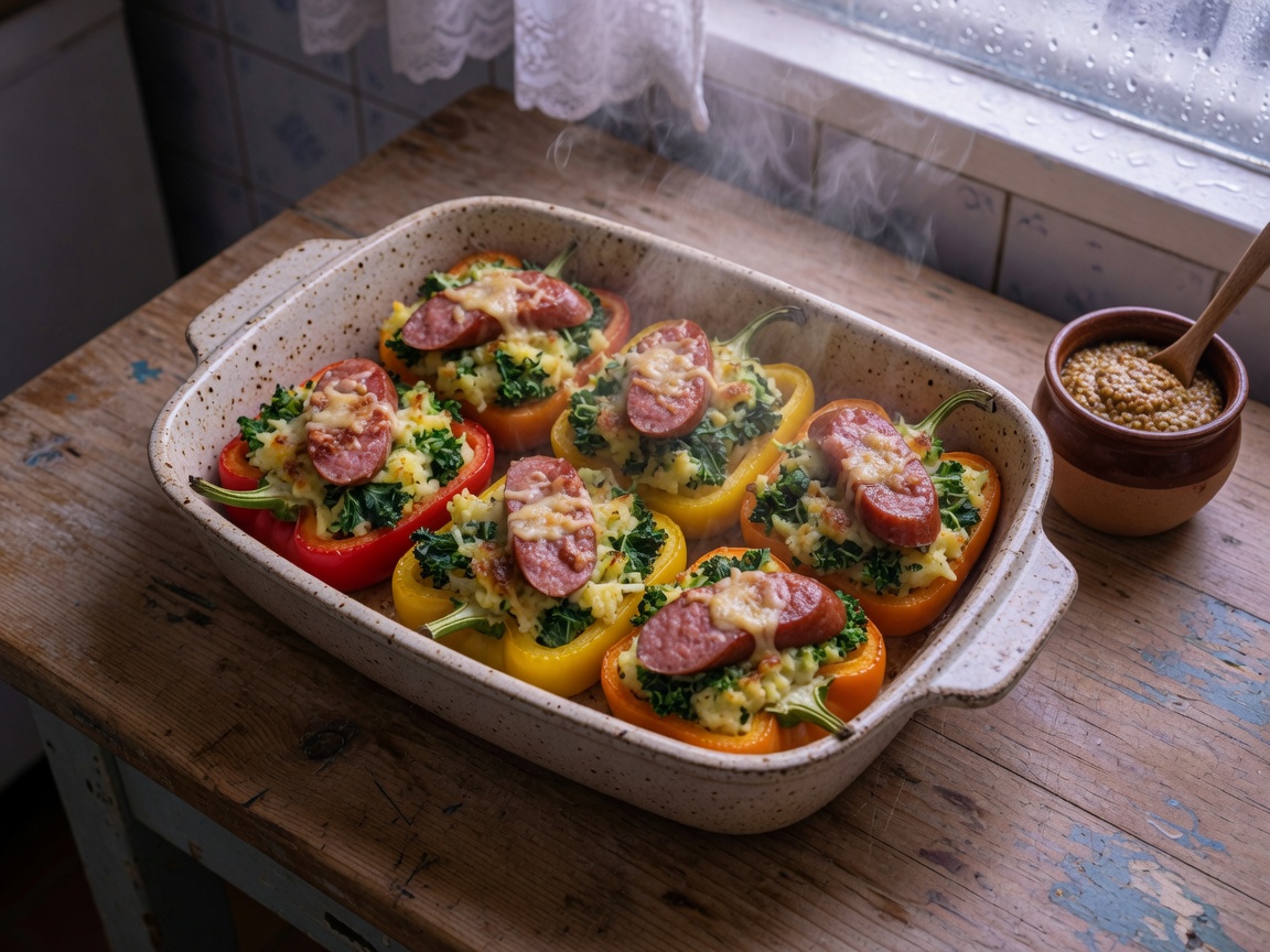 Halve paprika’s gevuld met boerenkoolstamppot en rookworst uit de oven