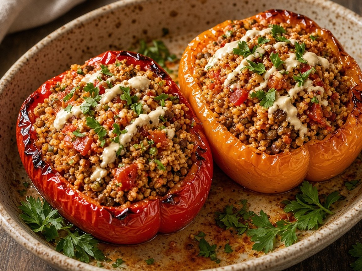 Gevulde paprika met bulgur, linzen en harissa — plantaardig doordeweeks