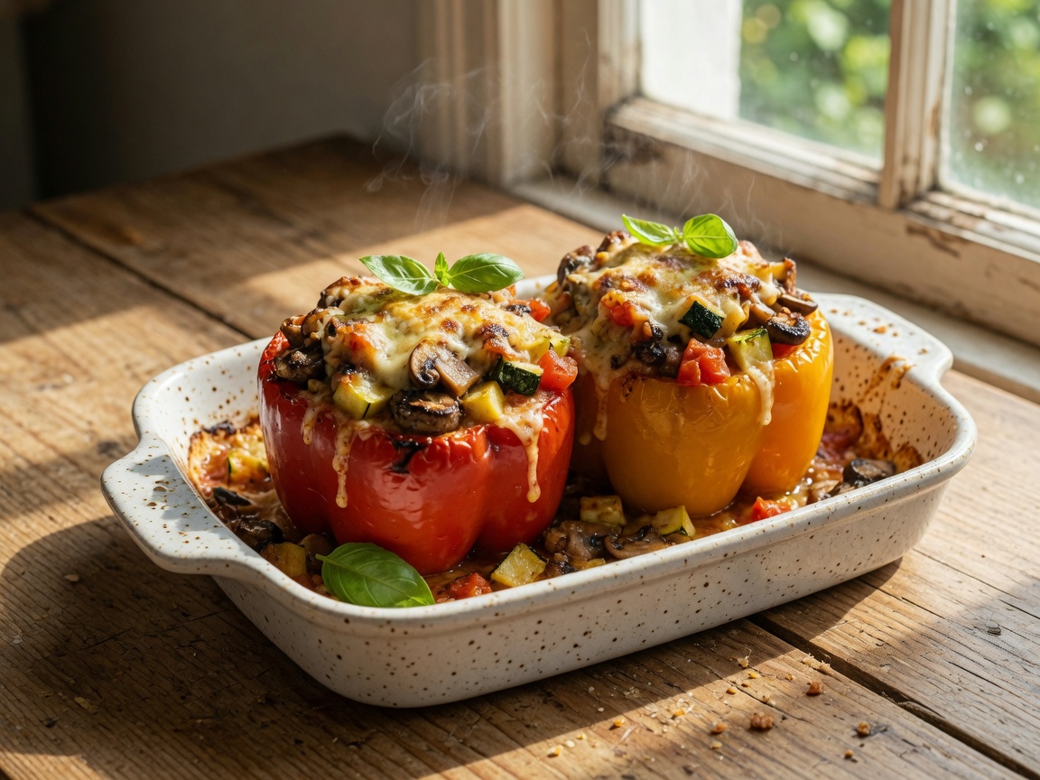 Gevulde paprika met courgette, champignons en Parmezaan — vegetarisch doordeweeks