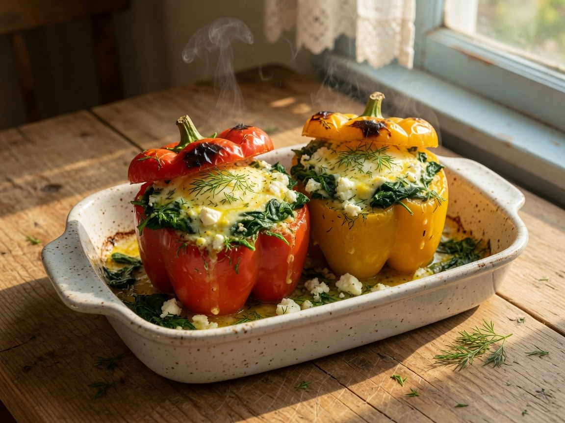 Gevulde paprika met ei, spinazie en feta