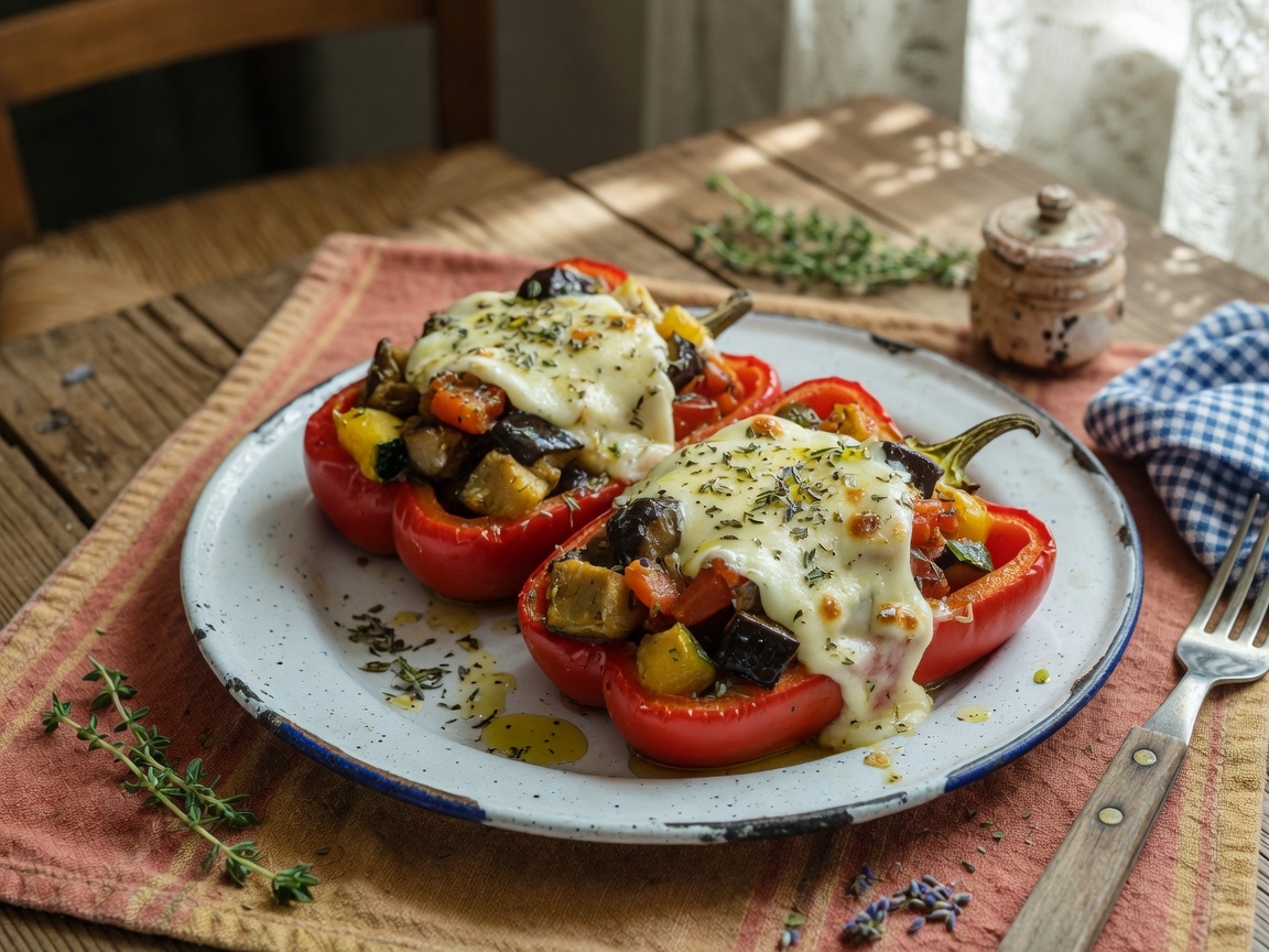 Klassieke ratatouille in een paprika, afgewerkt met gesmolten geitenkaas en herbes de Provence.