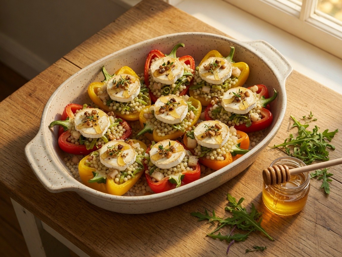 Halve paprika’s gevuld met prei en parelcouscous, met geitenkaas, honing en walnoot uit de oven
