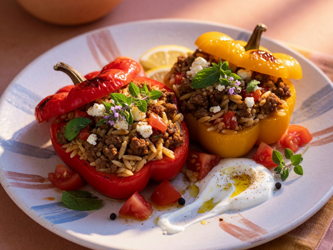 Zonnige Griekse vulling: lamsgehakt, orzo, tomaat, feta, munt en oregano. Serveer met dikke yoghurt.