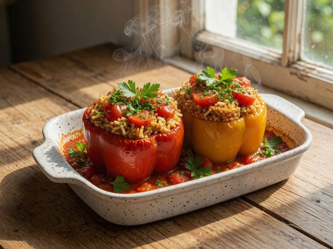 Griekse gevulde paprika met rijst, tomaat en oregano — plantaardig, vooruit te koken