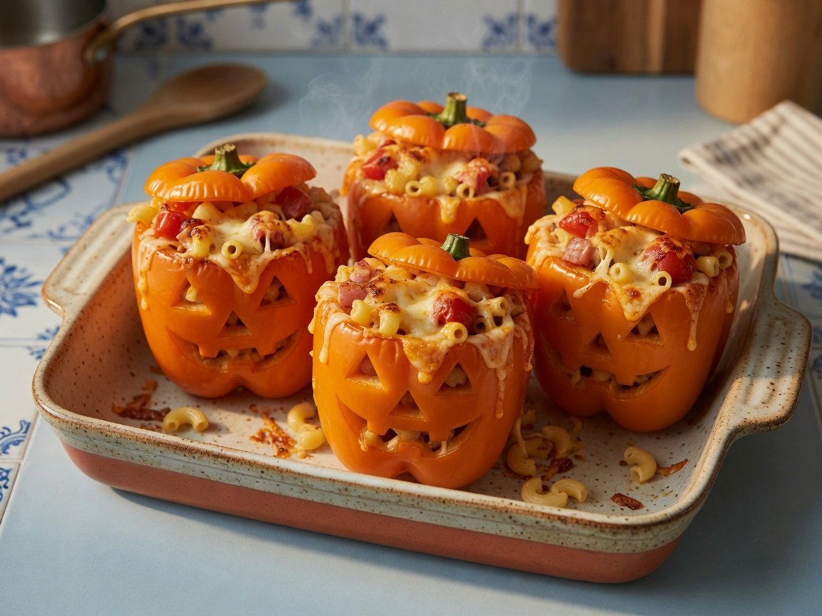 Vier hele oranje paprika’s met een uitgesneden griezelgezichtje, gevuld met macaroni, ham, tomaat en goudbruine kaas