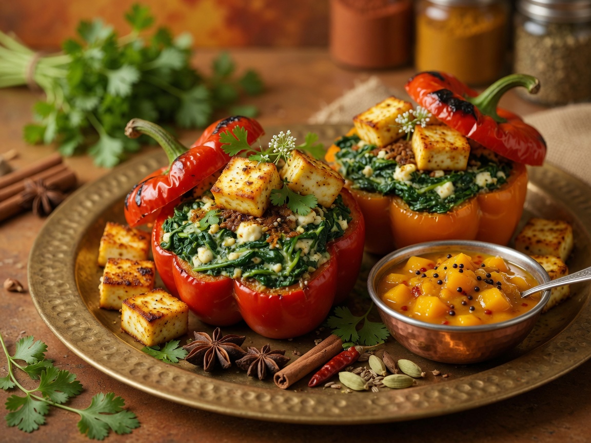Palak-paneer-vibes in een paprika: gebakken paneer, spinazie, gember, knoflook en garam masala.