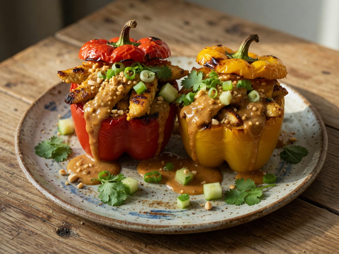 Gevulde paprika met kipsaté en pindasaus