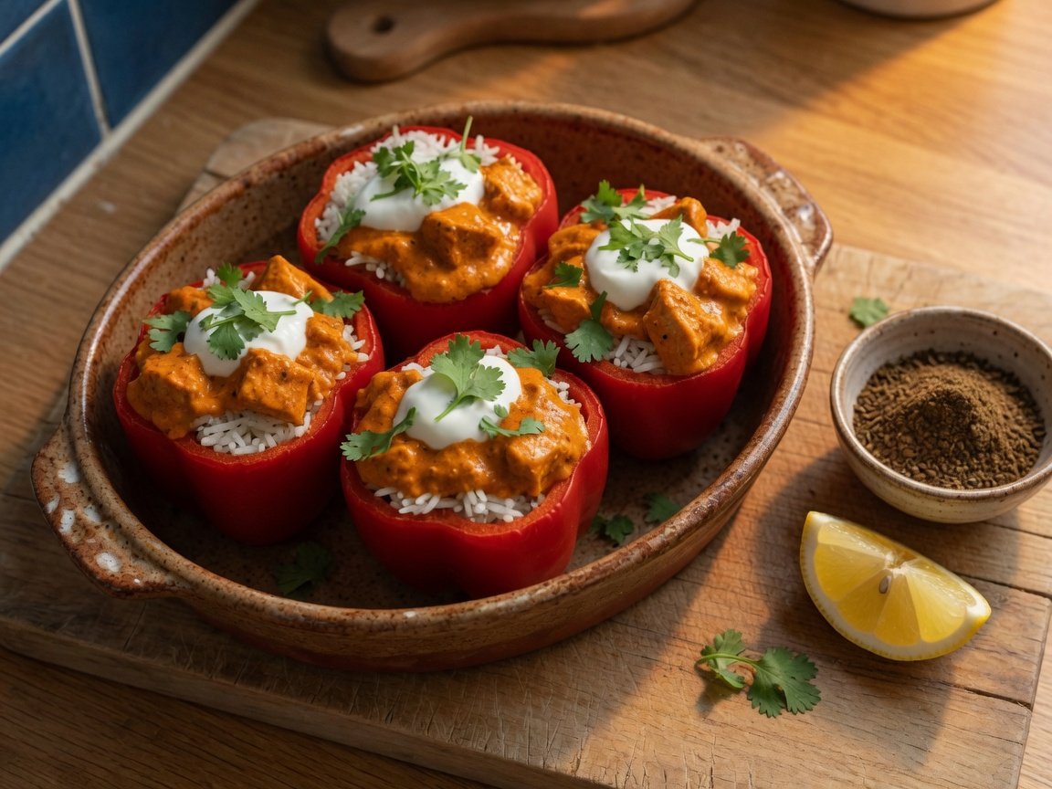 Rode gevulde paprika’s met kip tikka masala en rijst, met yoghurt en koriander