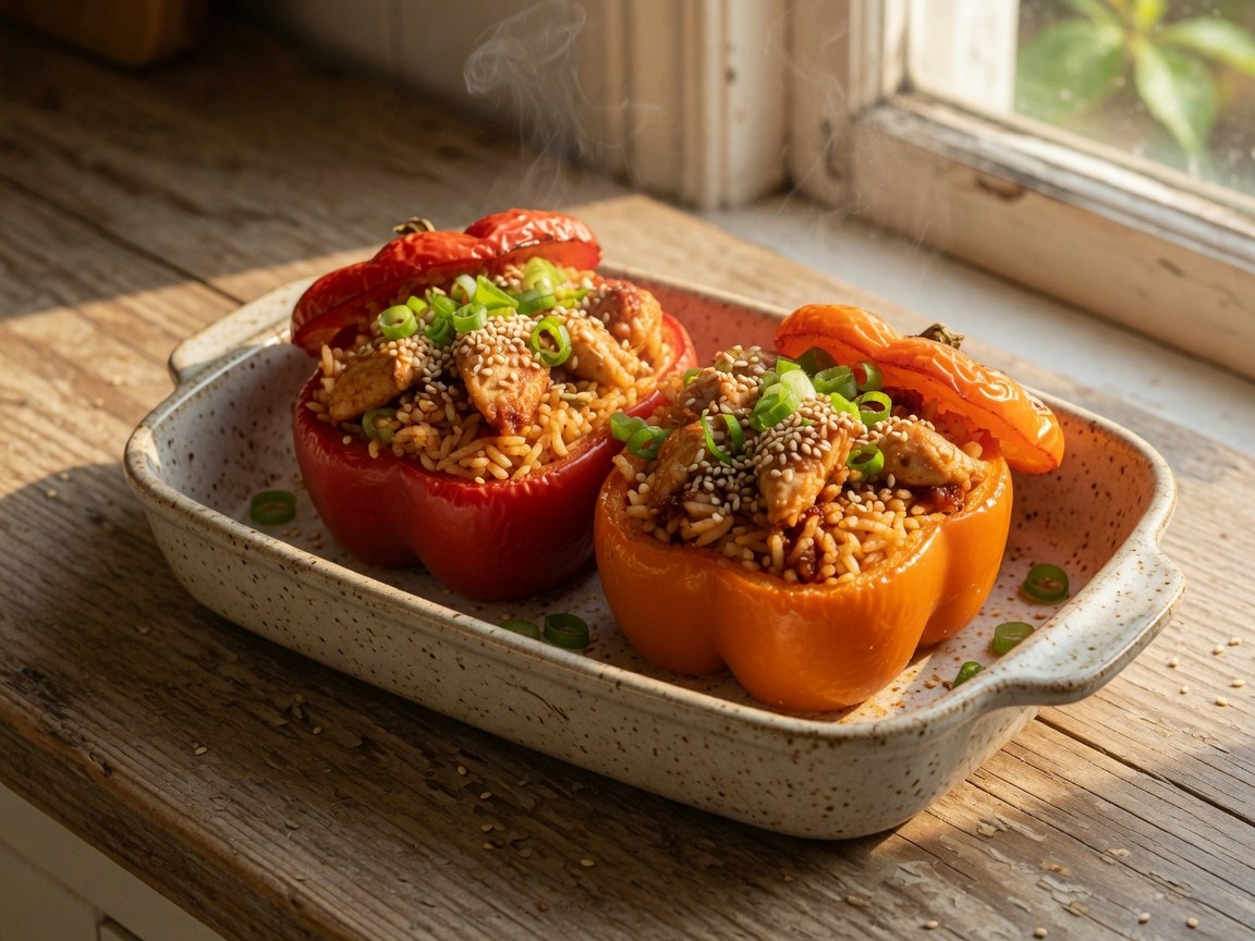 Koreaanse gevulde paprika met gochujang-kip, sesam en rijst