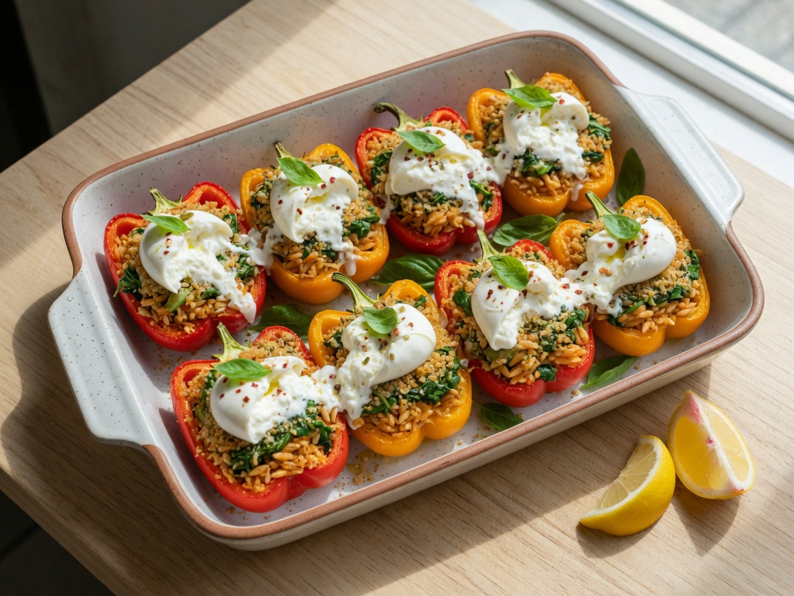 Gehalveerde rode en gele paprika’s gevuld met romige tomaten-orzo en spinazie, met een krokant pankolaagje en opengescheurde burrata
