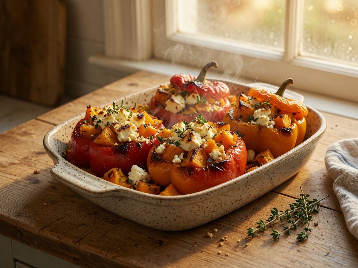 Gevulde paprika met geroosterde pompoen en feta