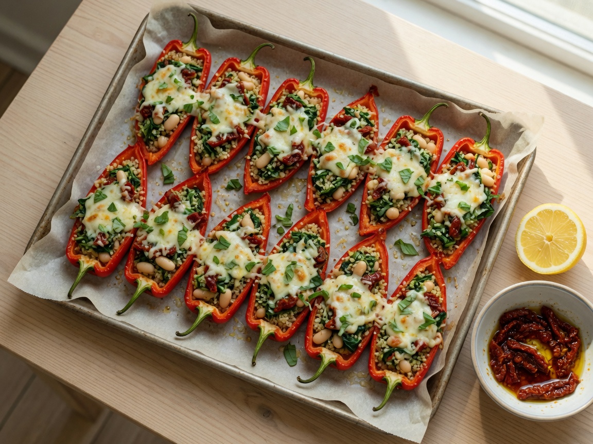 Gehalveerde rode puntpaprika’s gevuld met quinoa, spinazie en zongedroogde tomaat, met gesmolten mozzarella uit de oven