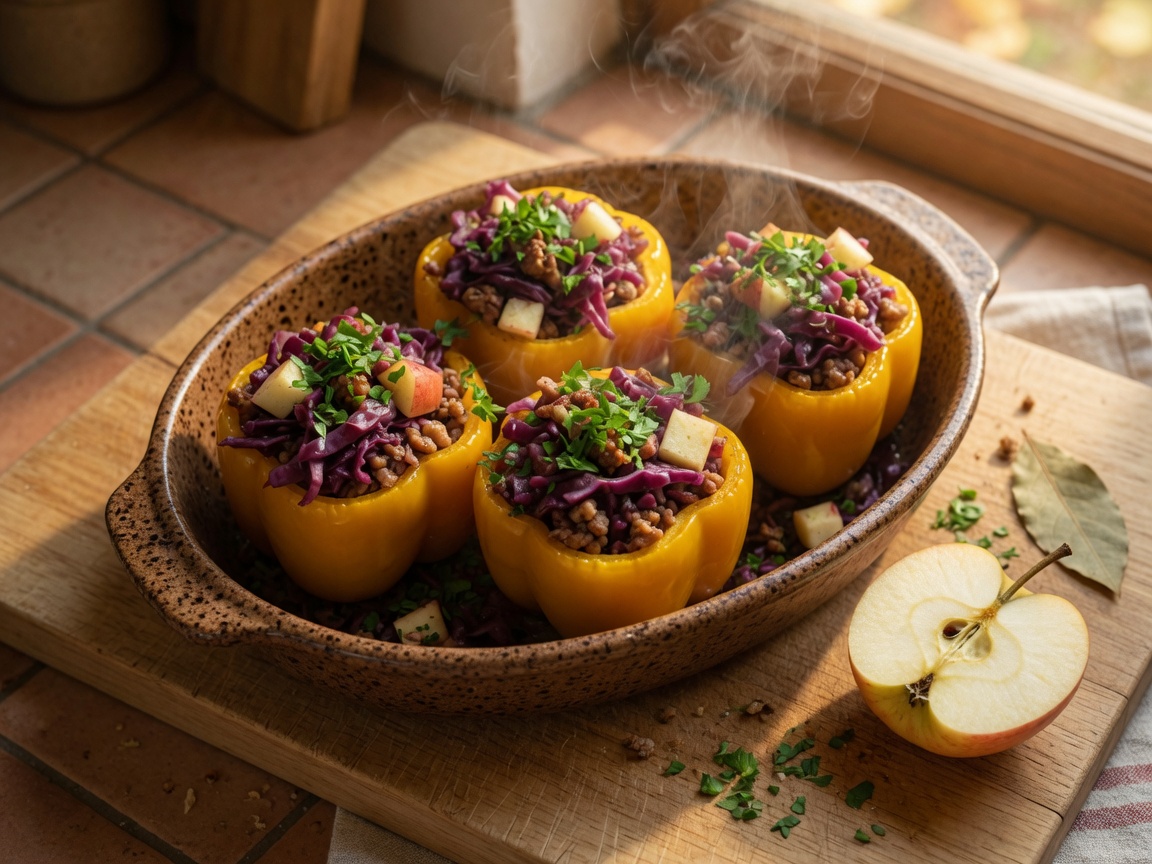 Gele gevulde paprika’s met rode kool, appel en gehakt, met peterselie