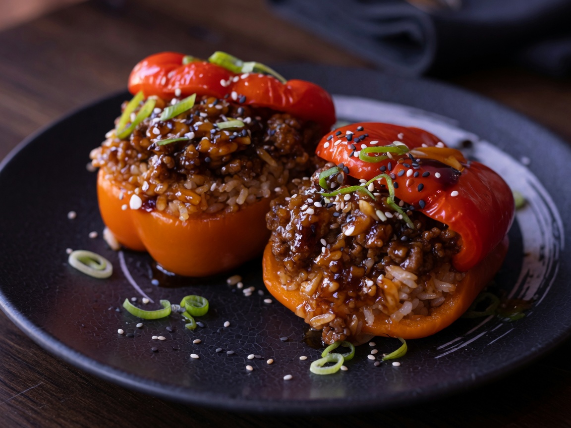 Glanzende teriyaki-vulling met rundergehakt, sticky rice, sesam en lente-ui.
