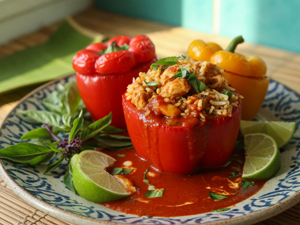 Pittige rode curryvulling met kip, jasmijnrijst en romige kokosmelk. Afwerken met limoen en Thaise basilicum.