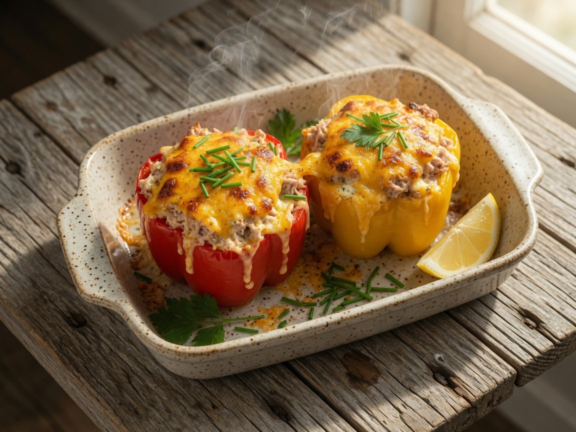 Gevulde paprika tuna melt (tonijn, roomkaas & cheddar)