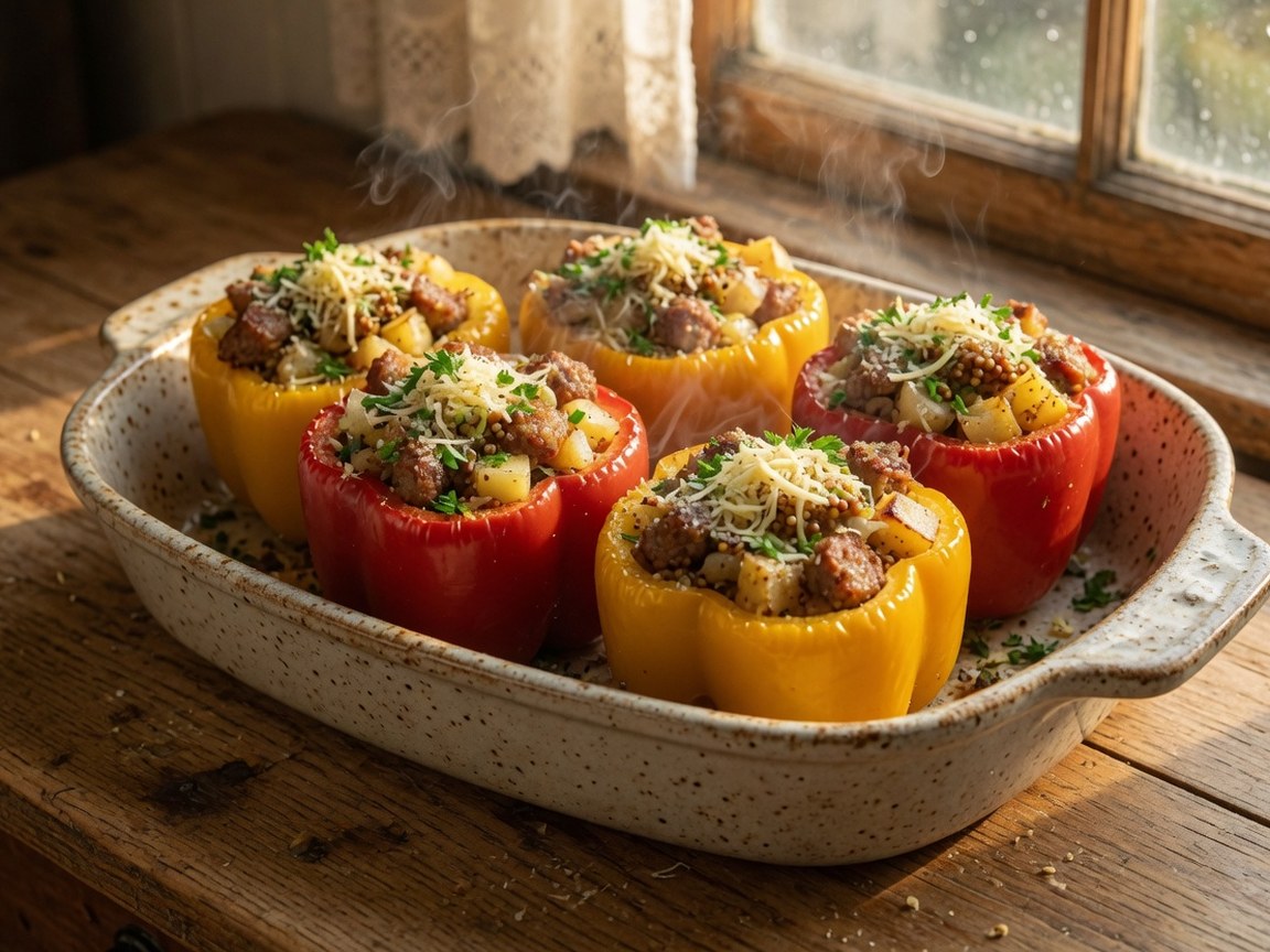 Gevulde paprika met braadworst en grove mosterd uit de oven