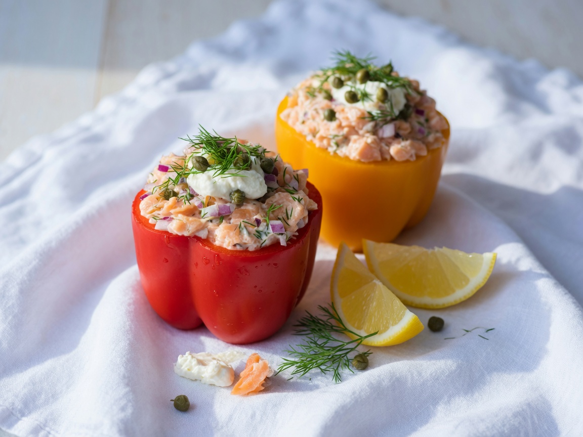 Luxe lunch of lichte maaltijd: gerookte zalm, roomkaas, dille, kappertjes en rode ui in een paprika.