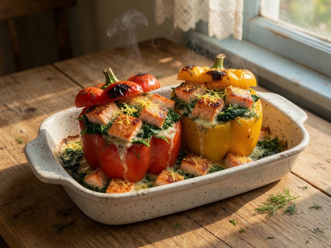 Gevulde paprika met verse zalm, spinazie en citroen uit de oven