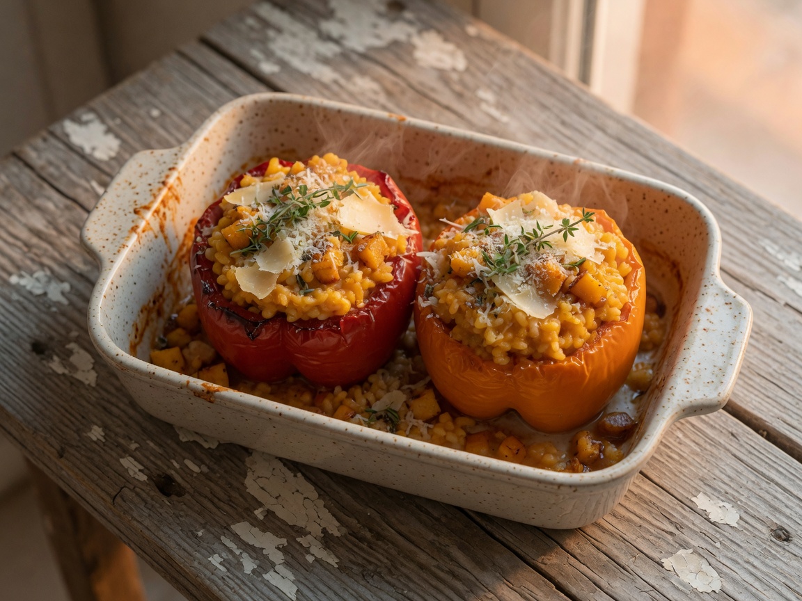 Gevulde paprika met zoete-aardappelrisotto